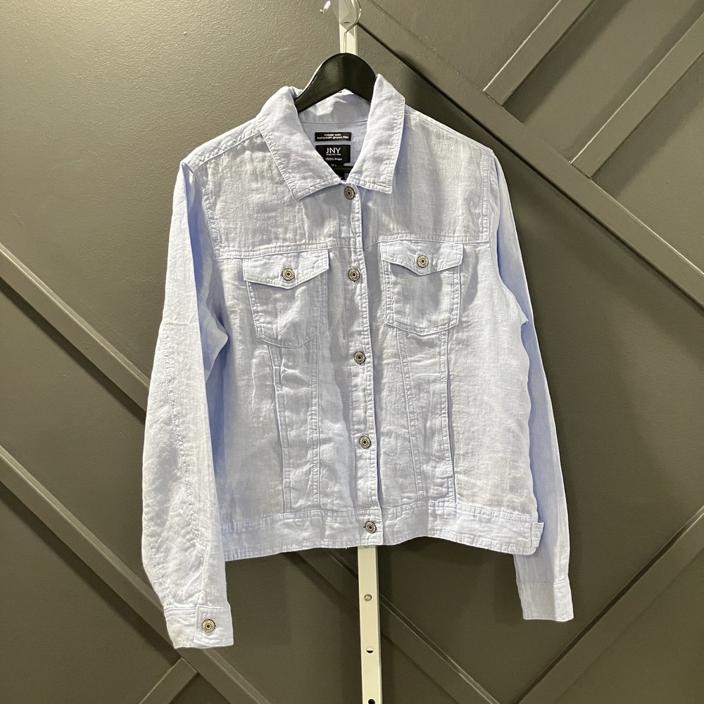 JNY Jones New York Jacket Large 100% Linen Light Blue Button Front Trucker